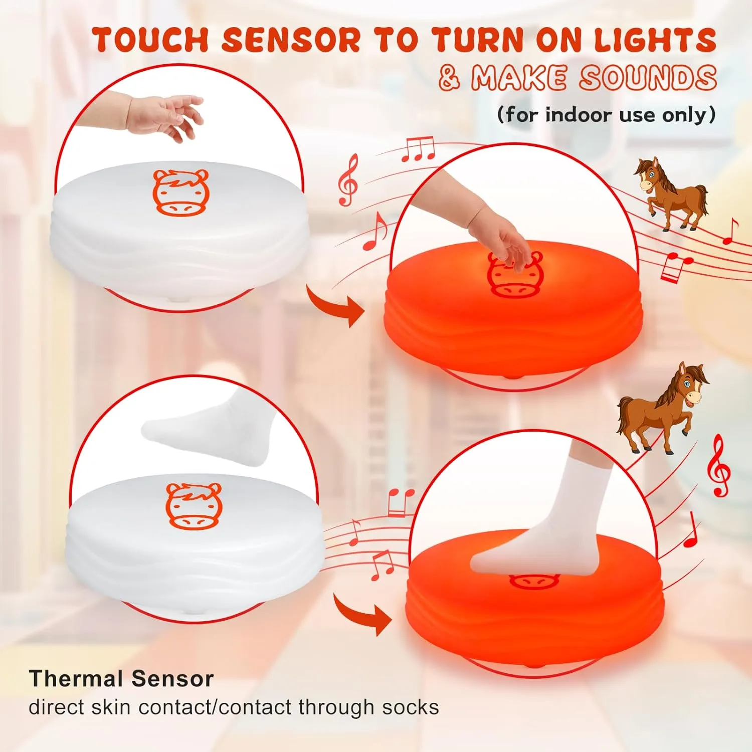 Interactive Animal Sounds Toy, LED Floor Tiles, Touch Sensitive, Toddler & Little Kid, Red (Horse), Includes USB Charging Cable & User Manual