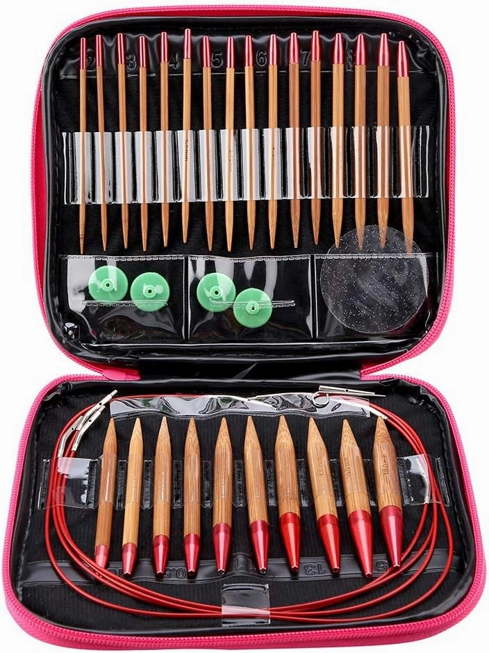 Interchangeable Knitting Needle Set, Carbonized Bamboo Crochet Needle Aluminum Circular Knitting Ring Set with Storage Bag for DIY Handmade Knitting Projects
