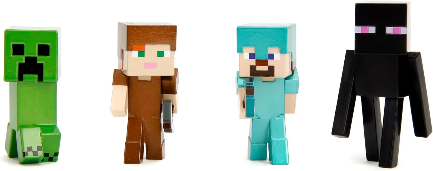 Jada Minecraft 2.5" MetalFigs 4-Pack - Includes Steve in Diamond Armor, Alex in Leather Armor, Enderman & Creeper
