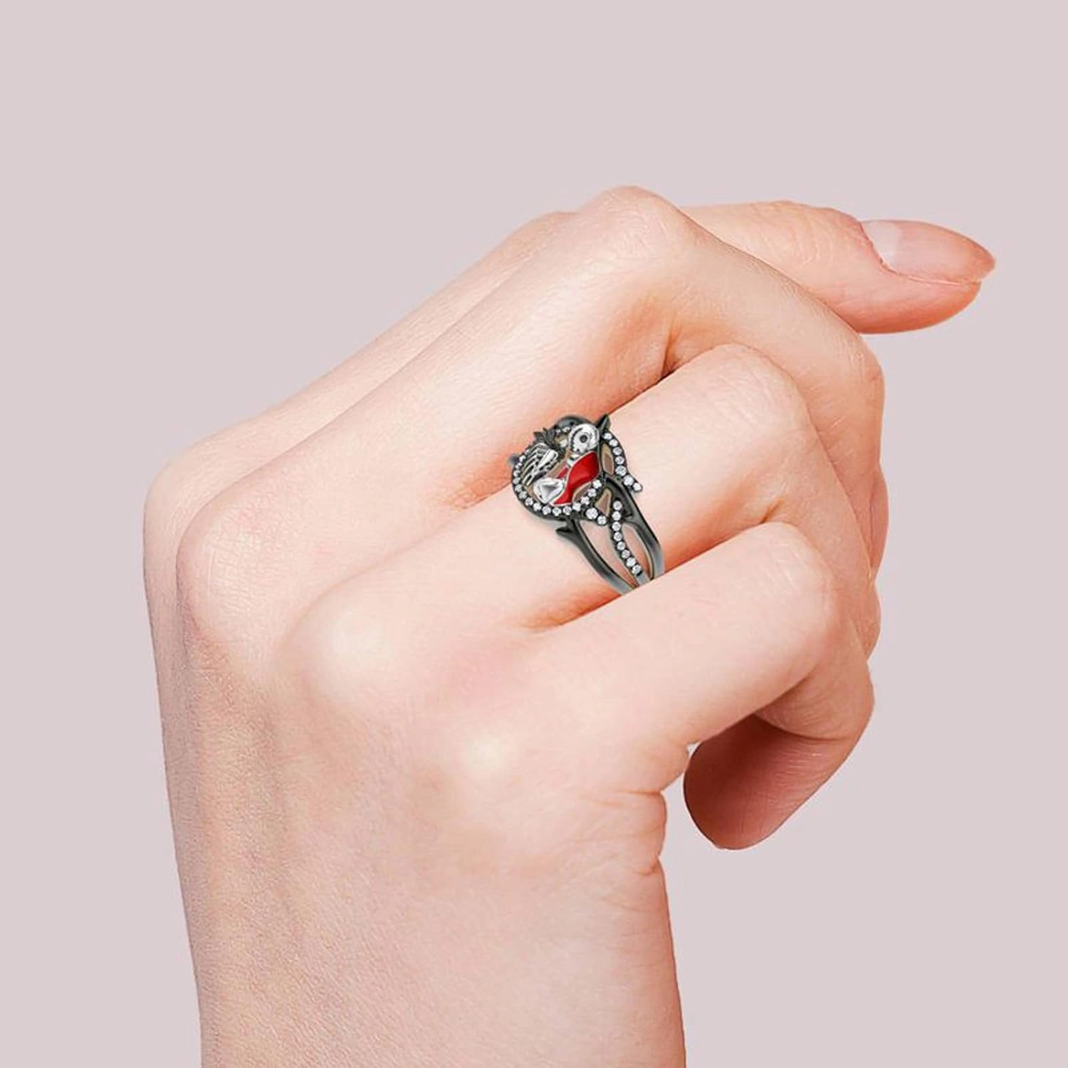 Jeulia Gothic Skull Diamond Rings: Sterling Silver Jack and Sally Skeleton Rings Band Halloween Romantic Nightmare Jewelry for Her Engagement Anniversary Christmas with Gifts Box