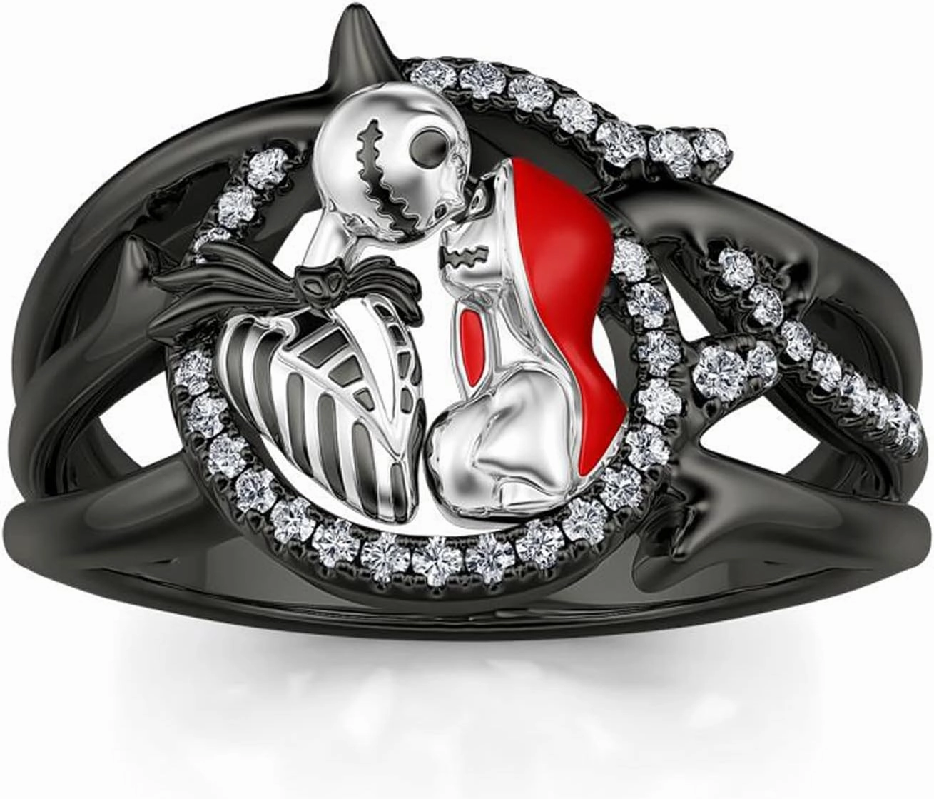 Jeulia Gothic Skull Diamond Rings: Sterling Silver Jack and Sally Skeleton Rings Band Halloween Romantic Nightmare Jewelry for Her Engagement Anniversary Christmas with Gifts Box