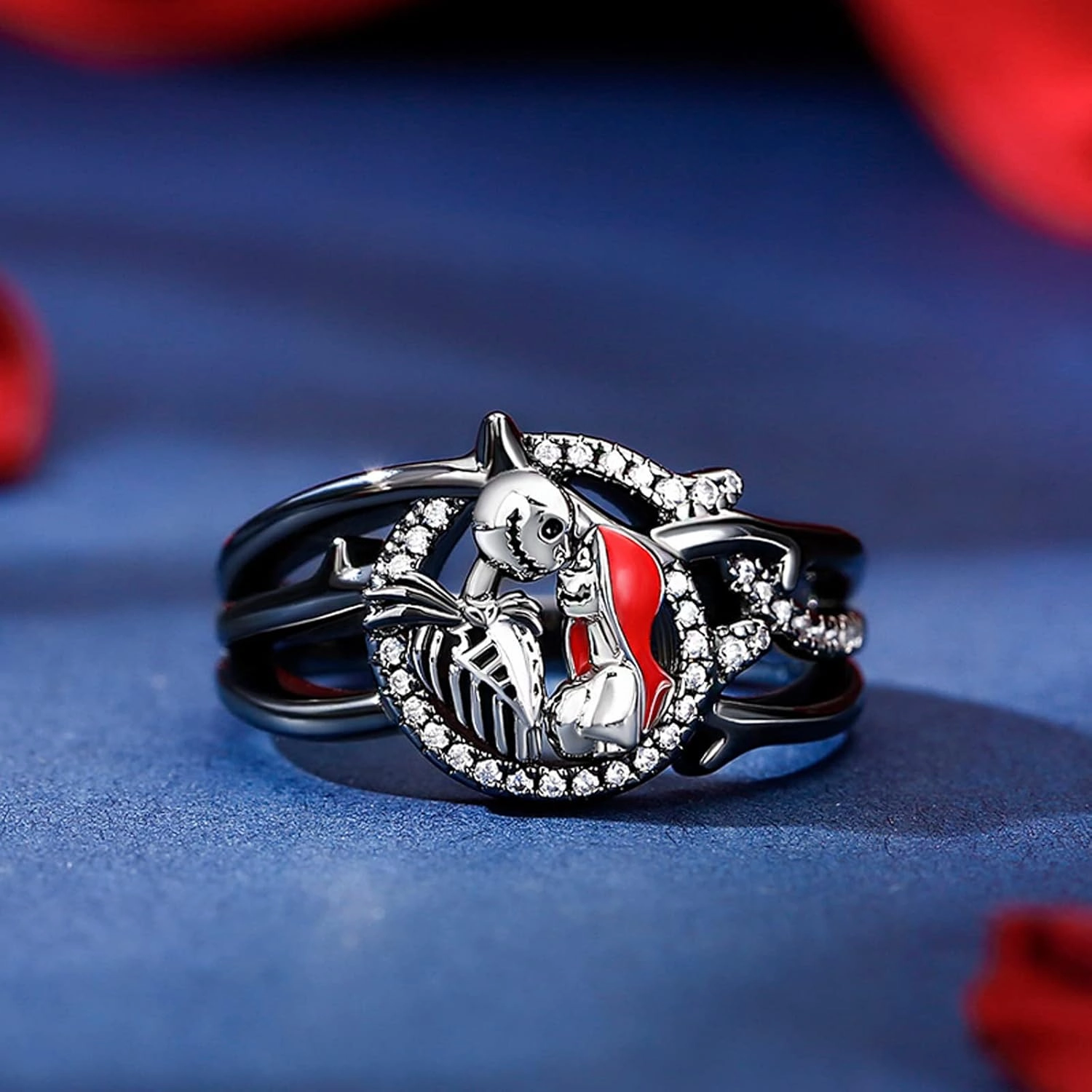 Jeulia Gothic Skull Diamond Rings: Sterling Silver Jack and Sally Skeleton Rings Band Halloween Romantic Nightmare Jewelry for Her Engagement Anniversary Christmas with Gifts Box