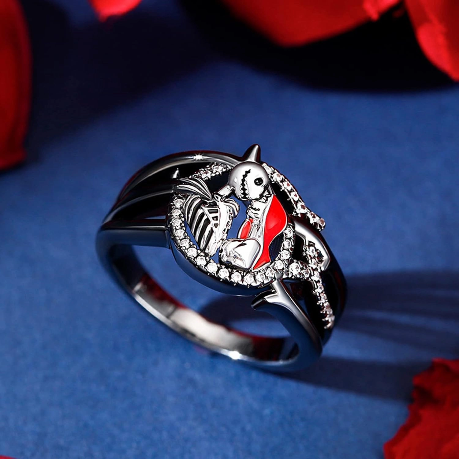 Jeulia Gothic Skull Diamond Rings: Sterling Silver Jack and Sally Skeleton Rings Band Halloween Romantic Nightmare Jewelry for Her Engagement Anniversary Christmas with Gifts Box