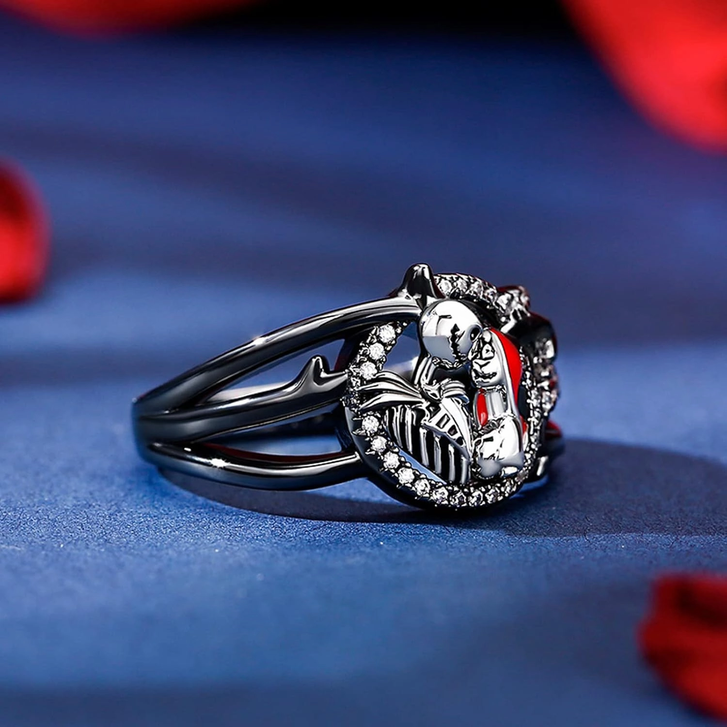 Jeulia Gothic Skull Diamond Rings: Sterling Silver Jack and Sally Skeleton Rings Band Halloween Romantic Nightmare Jewelry for Her Engagement Anniversary Christmas with Gifts Box