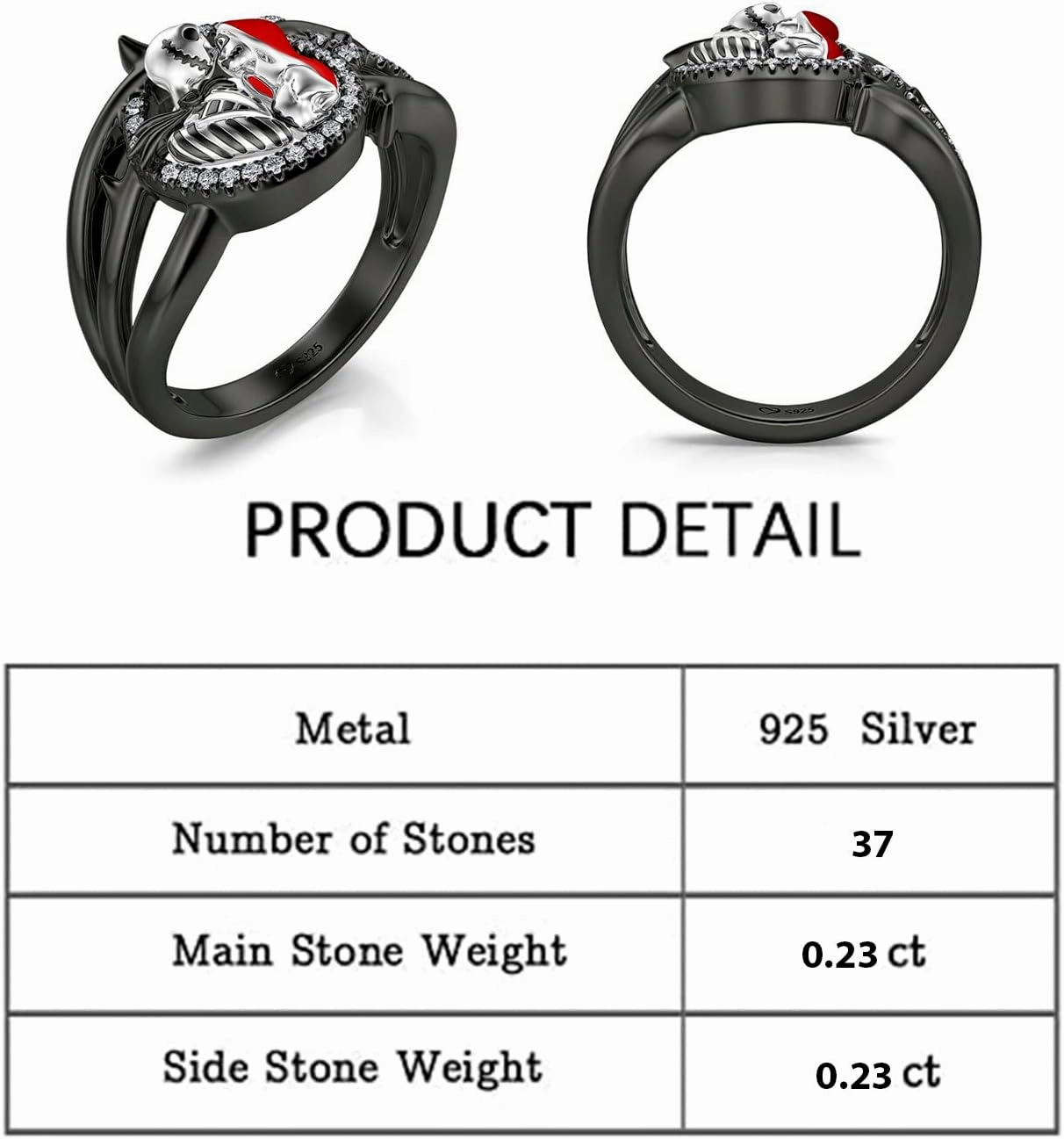 Jeulia Gothic Skull Diamond Rings: Sterling Silver Jack and Sally Skeleton Rings Band Halloween Romantic Nightmare Jewelry for Her Engagement Anniversary Christmas with Gifts Box