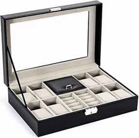 Jewellery Watch Storage Box, Lockable 8 Slots Watch Display Box with Transparent Lid, Men Women Jewellery Organiser Case for Rings Bracelets Earrings Necklaces Cufflinks