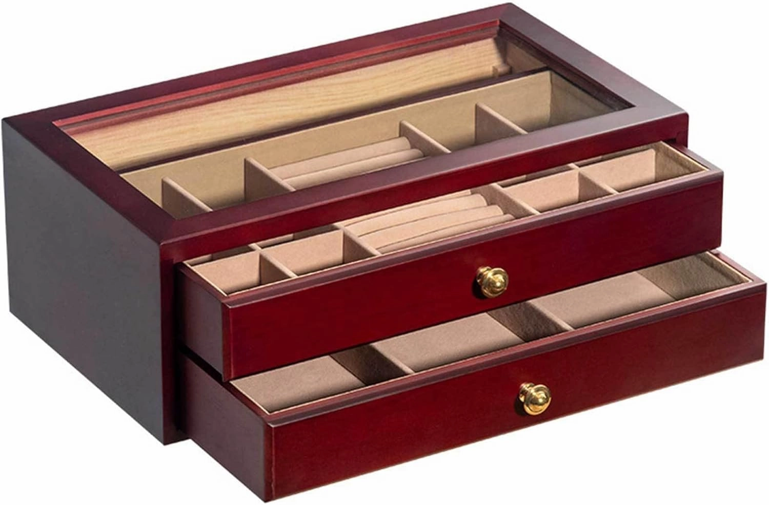 Jewelry Box, 2-Tier Jewelry Box - Drawers Cabinet Jewelry Holder Organizer witn Glass Top & Brown Velvet Lining - Clear Display Jewelry Storage Box for Ring Necklace Bracelet Watch Brown(Wine Red)