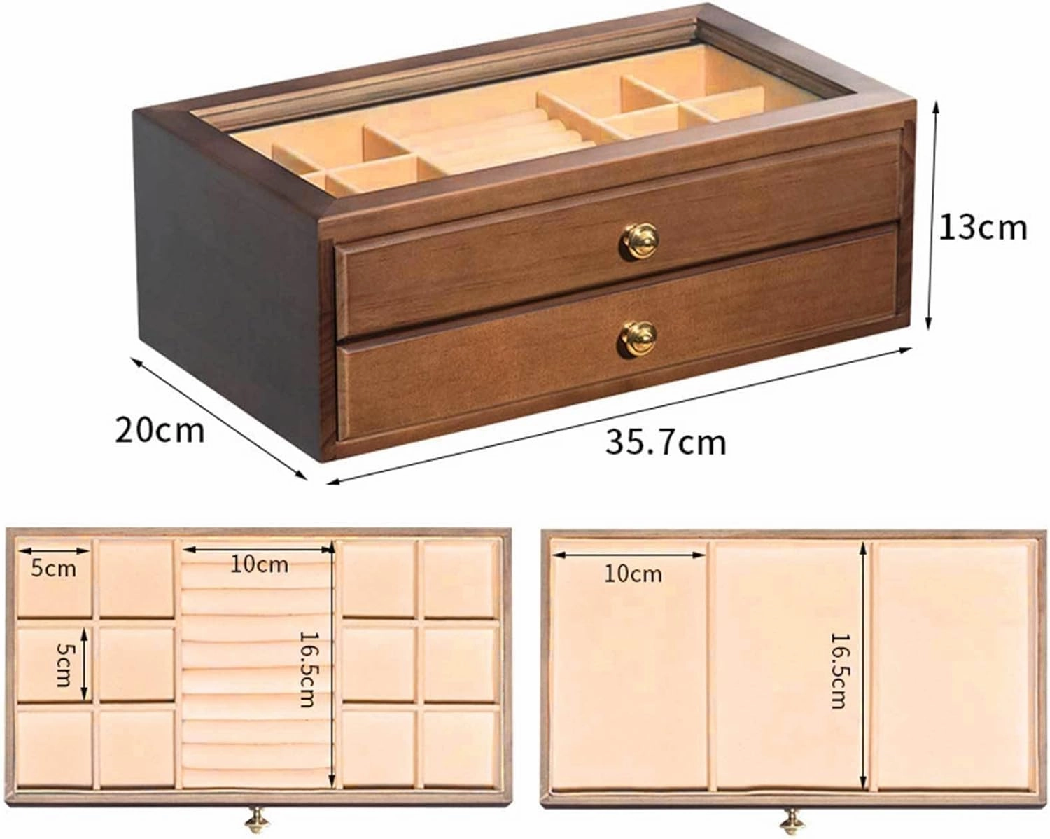 Jewelry Box, 2-Tier Jewelry Box - Drawers Cabinet Jewelry Holder Organizer witn Glass Top & Brown Velvet Lining - Clear Display Jewelry Storage Box for Ring Necklace Bracelet Watch Brown(Wine Red)
