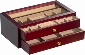 Jewelry Box, 2-Tier Jewelry Box - Drawers Cabinet Jewelry Holder Organizer witn Glass Top & Brown Velvet Lining - Clear Display Jewelry Storage Box for Ring Necklace Bracelet Watch Brown(Wine Red)