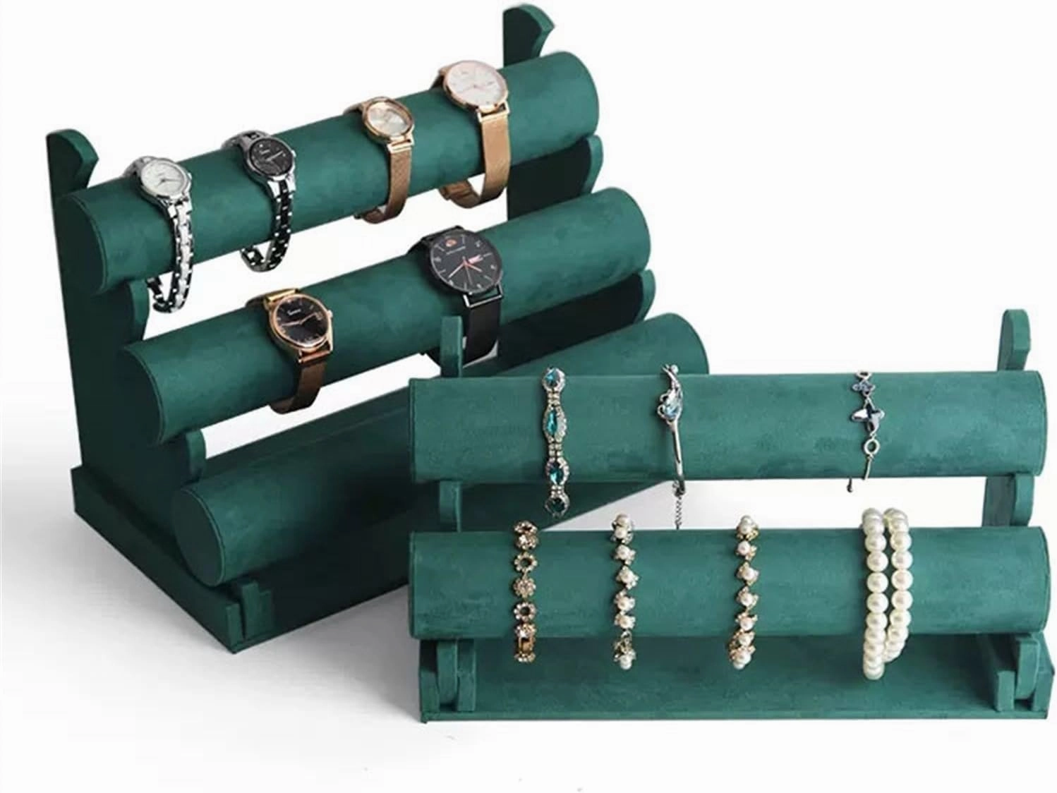 Jewelry Stand Green Velvet Bracelet Display Stand 1/2/3 Tiers Detachable T-shaped Watch Stand for Jewelry Storage Box Exhibition Jewelry Storage Rack(D)