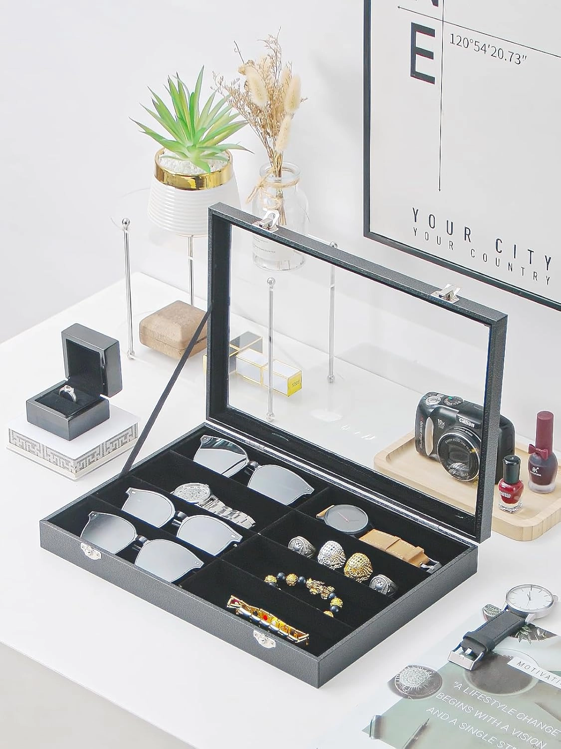 Jewelry Sunglasses Organizer Tray, Black Velvet Eyeglasses Display Tray Box, Glasses Organize Storage Holder for Home Desk or Selling Show Display (with Lid)