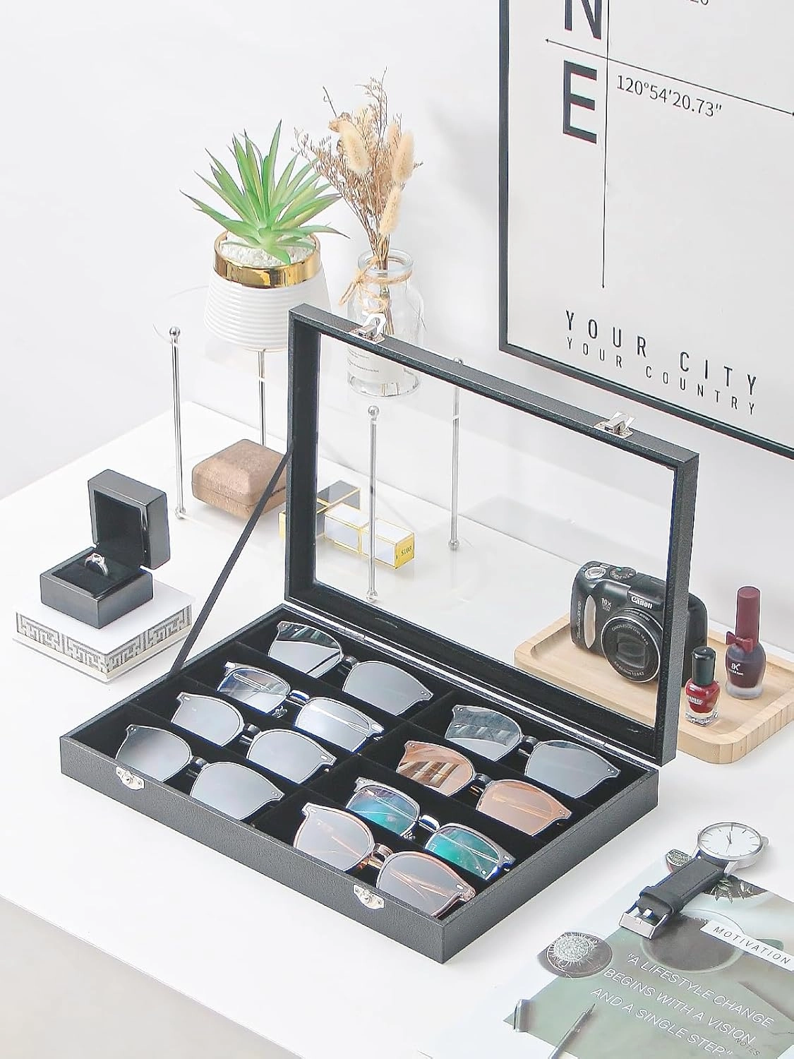 Jewelry Sunglasses Organizer Tray, Black Velvet Eyeglasses Display Tray Box, Glasses Organize Storage Holder for Home Desk or Selling Show Display (with Lid)