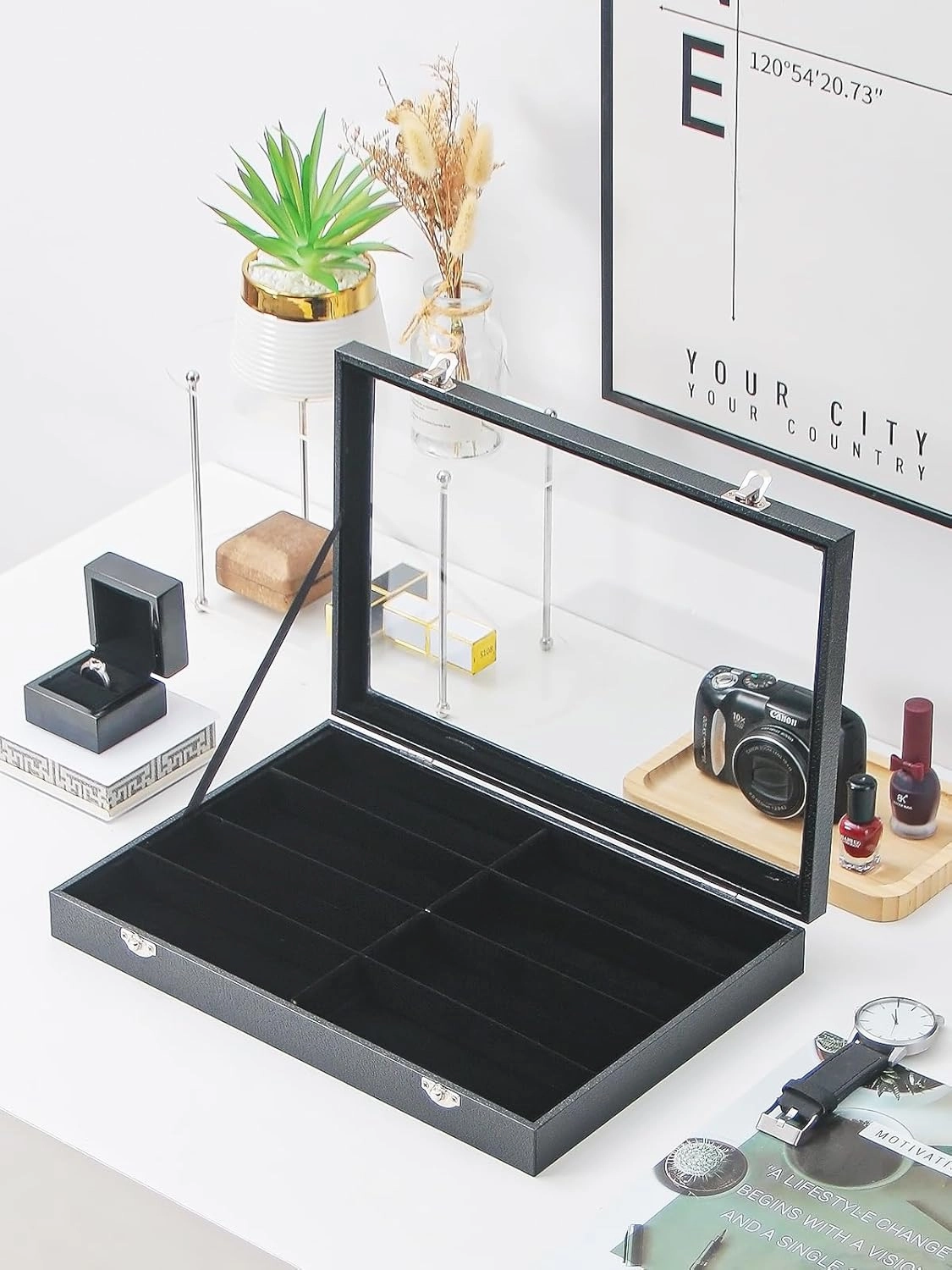 Jewelry Sunglasses Organizer Tray, Black Velvet Eyeglasses Display Tray Box, Glasses Organize Storage Holder for Home Desk or Selling Show Display (with Lid)