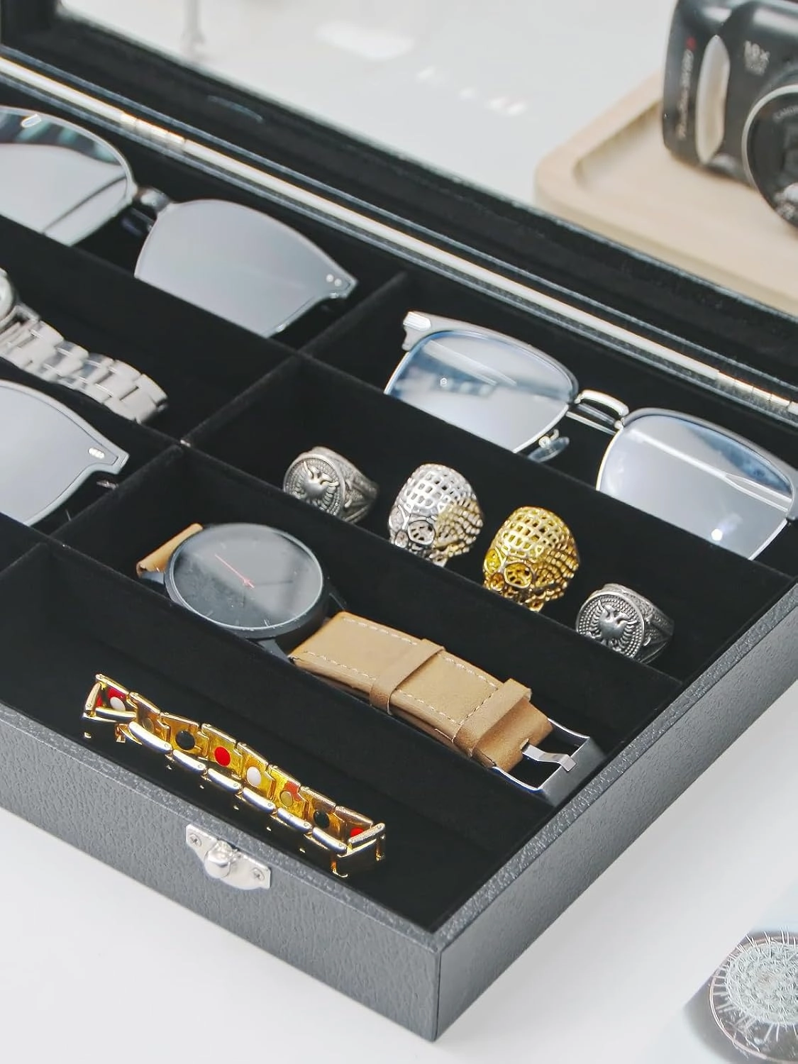 Jewelry Sunglasses Organizer Tray, Black Velvet Eyeglasses Display Tray Box, Glasses Organize Storage Holder for Home Desk or Selling Show Display (with Lid)
