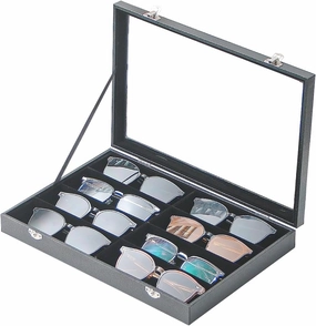 Jewelry Sunglasses Organizer Tray, Black Velvet Eyeglasses Display Tray Box, Glasses Organize Storage Holder for Home Desk or Selling Show Display (with Lid)