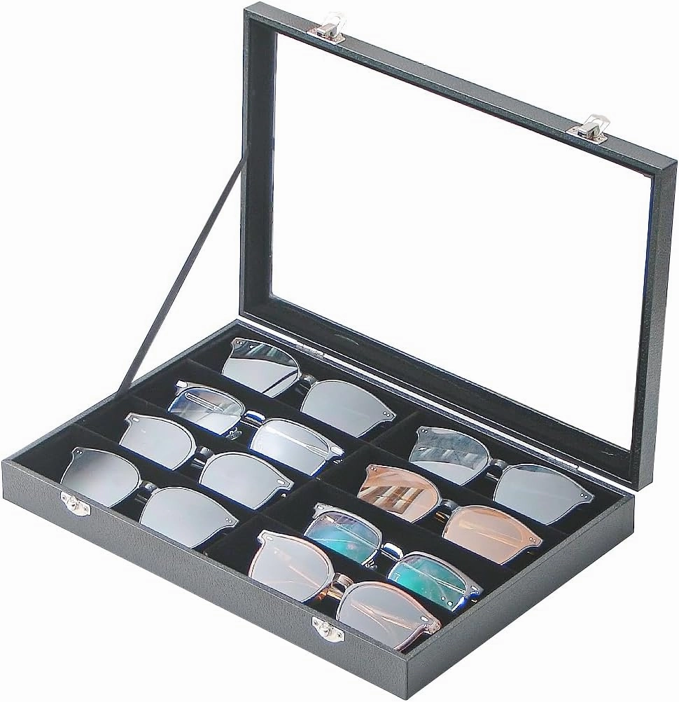 Jewelry Sunglasses Organizer Tray, Black Velvet Eyeglasses Display Tray Box, Glasses Organize Storage Holder for Home Desk or Selling Show Display (with Lid)