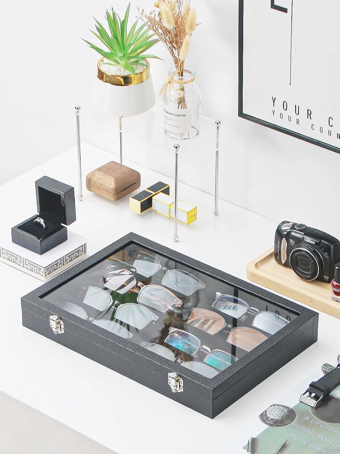 Jewelry Sunglasses Organizer Tray, Black Velvet Eyeglasses Display Tray Box, Glasses Organize Storage Holder for Home Desk or Selling Show Display (with Lid)
