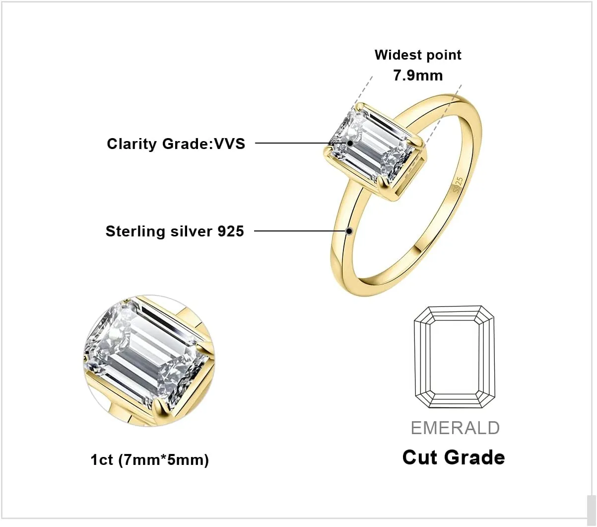 JewelryPalace Classic 1ct Emerald Cut Moissanite Solitaire Engagement Rings for Women, 925 Sterling Silver Promise Ring for Her, Simulated Diamond Anniversary Wedding Rings D-F VVS