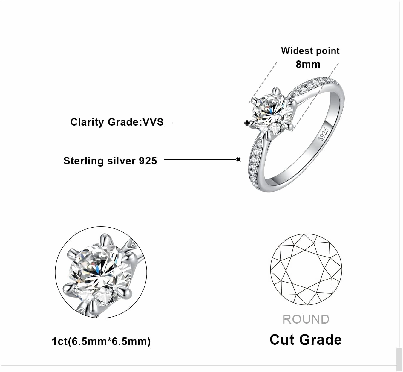 JewelryPalace Classic 1ct 2ct 3ct Moissanite Solitaire Engagement Rings for Women, 925 Sterling Silver Promise Ring for Her, Round Cut Simulated Diamond Anniversary Wedding Rings D-F VVS Size 4-12