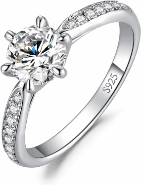 JewelryPalace Classic 1ct 2ct 3ct Moissanite Solitaire Engagement Rings for Women, 925 Sterling Silver Promise Ring for Her, Round Cut Simulated Diamond Anniversary Wedding Rings D-F VVS Size 4-12
