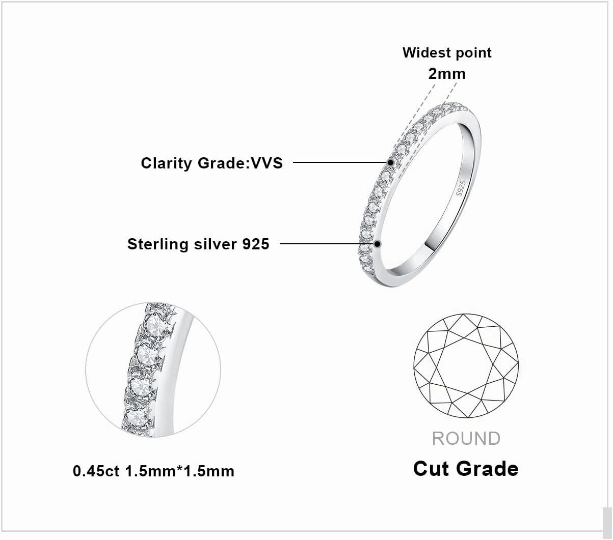 JewelryPalace Genuine Moissanite Wedding Rings for Women, Eternity 14k White Yellow Rose Gold Plated 925 Sterling Silver Promise Ring for Her, Round Cut Simulated Diamond Anniversary Band Ring VVS D-F