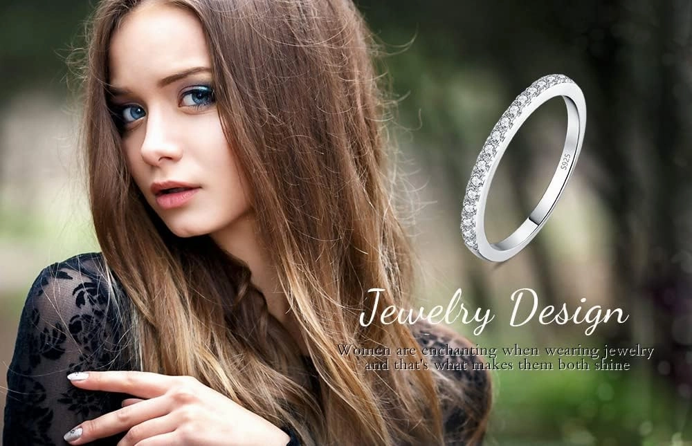 JewelryPalace Genuine Moissanite Wedding Rings for Women, Eternity 14k White Yellow Rose Gold Plated 925 Sterling Silver Promise Ring for Her, Round Cut Simulated Diamond Anniversary Band Ring VVS D-F