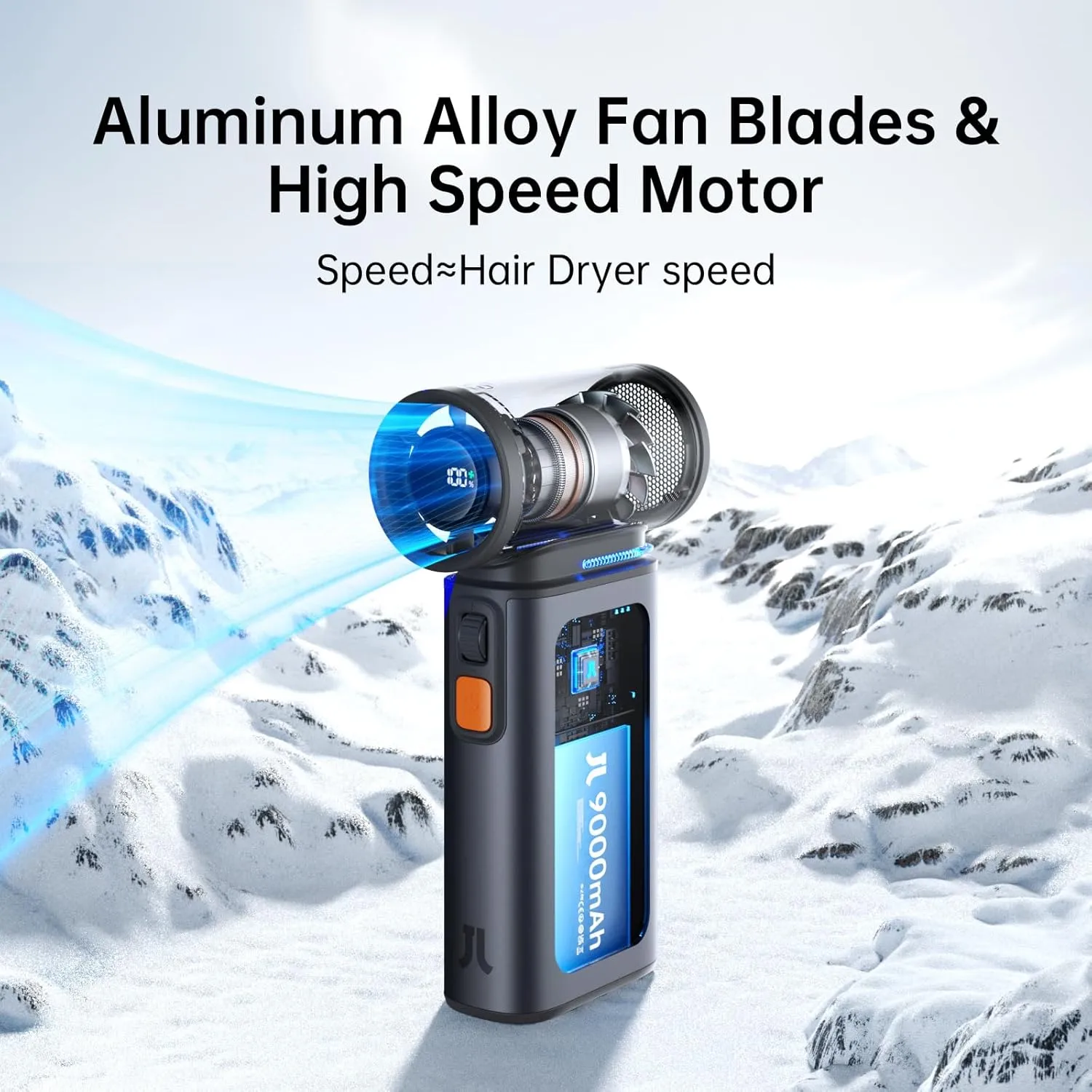 JISULIFE Portable Handheld Turbo Fan, 100 Speeds Adjustable Mini Personal Fan, 9000mAh USB Rechargeable Battery Operated, LED Display, Metal Shell with Accessories Gifts for Men Women Travel- Grey