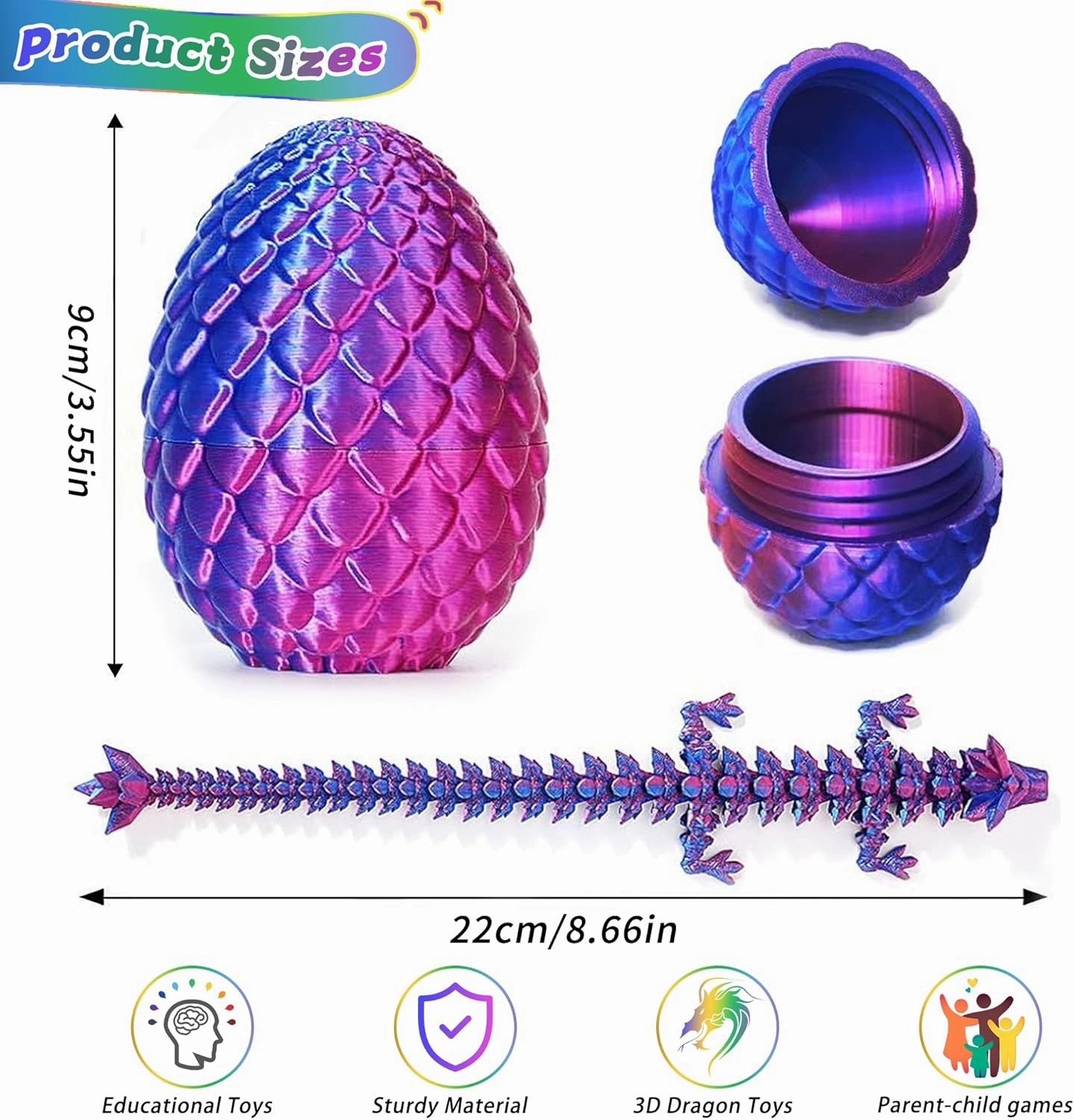 JOD® 4PCS 3D Printed Dragon Eggs with Dragon Inside – Articulated Fidget Toys, Easter Dragon Eggs, Mystery Surprise Easter Eggs for Kids, Unique 3D Printed Animals, Home Decor and Gift Set(C)