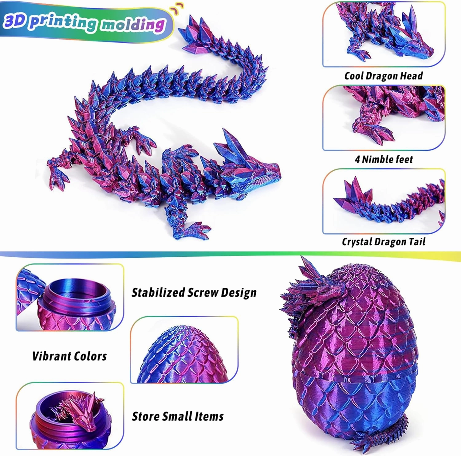 JOD® 4PCS 3D Printed Dragon Eggs with Dragon Inside – Articulated Fidget Toys, Easter Dragon Eggs, Mystery Surprise Easter Eggs for Kids, Unique 3D Printed Animals, Home Decor and Gift Set(C)