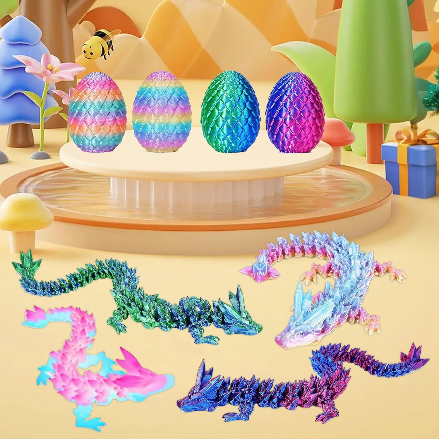 JOD® 4PCS 3D Printed Dragon Eggs with Dragon Inside – Articulated Fidget Toys, Easter Dragon Eggs, Mystery Surprise Easter Eggs for Kids, Unique 3D Printed Animals, Home Decor and Gift Set(C)