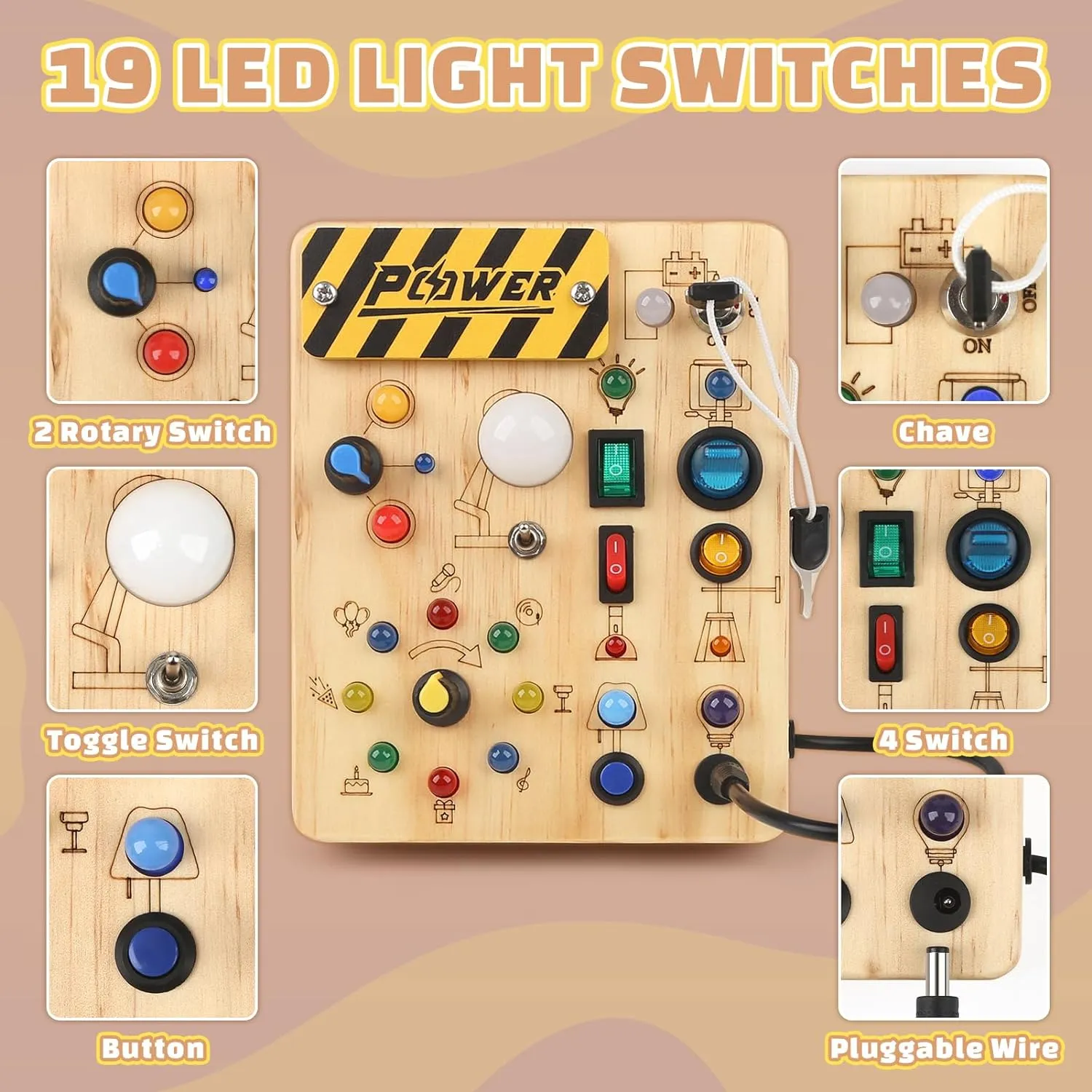 Joyreal Montessori Busy Board Wooden Sensory Toys for Toddler with LED Light Up Switch, Baby Fidget Board Travel Toys for 18  Months, 1 2 3 Year Old Boys Girls Toddler Toy Gifts (Classic)