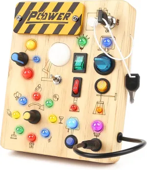 Joyreal Montessori Busy Board Wooden Sensory Toys for Toddler with LED Light Up Switch, Baby Fidget Board Travel Toys for 18  Months, 1 2 3 Year Old Boys Girls Toddler Toy Gifts (Classic)