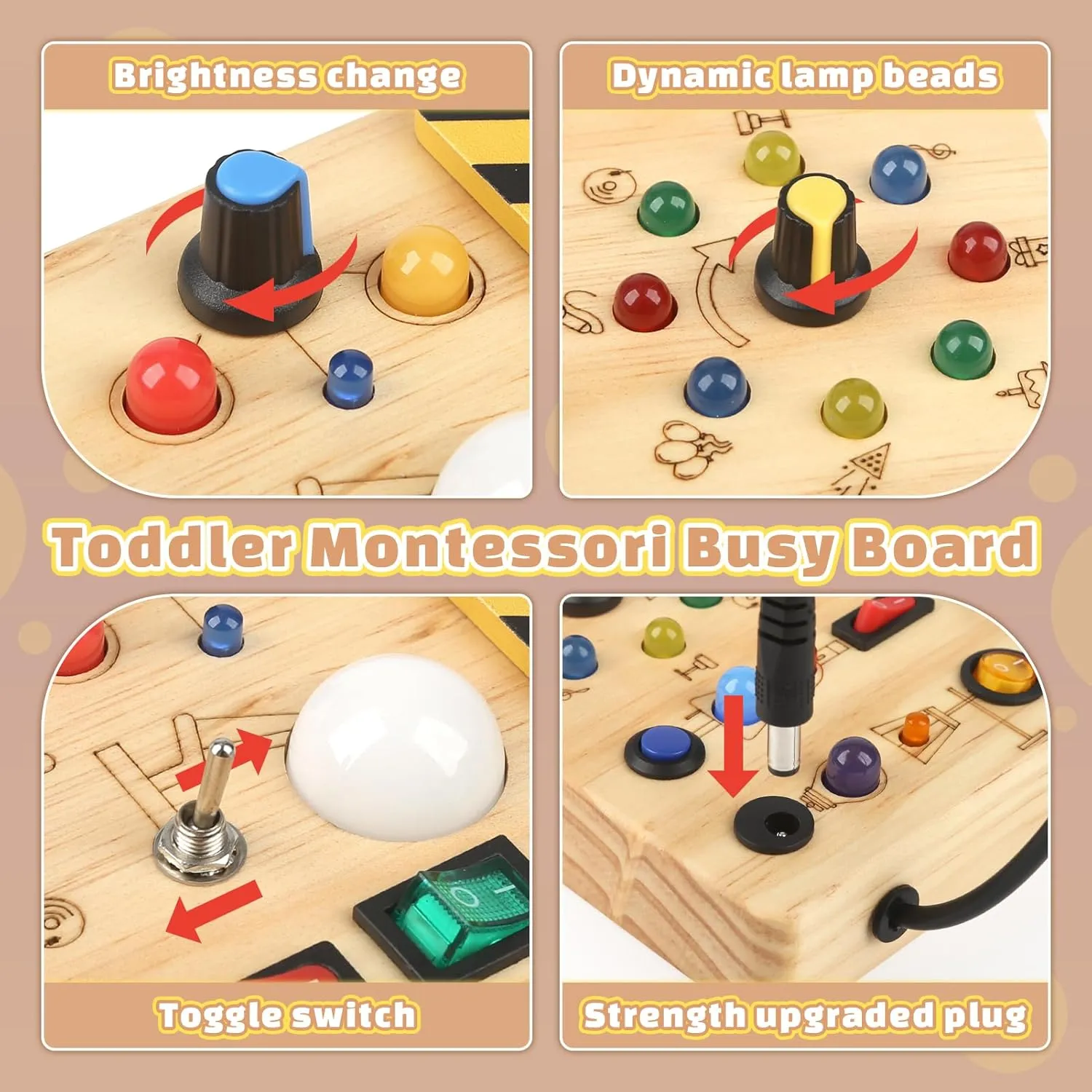 Joyreal Montessori Busy Board Wooden Sensory Toys for Toddler with LED Light Up Switch, Baby Fidget Board Travel Toys for 18  Months, 1 2 3 Year Old Boys Girls Toddler Toy Gifts (Classic)