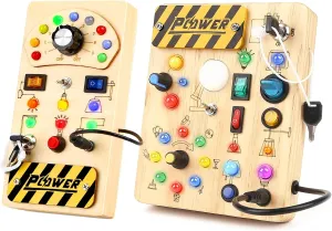 Joyreal Montessori Busy Board Wooden Sensory Toys for Toddler with LED Light Up Switch, Baby Fidget Board Travel Toys for 18  Months, Boys Girls Birthday