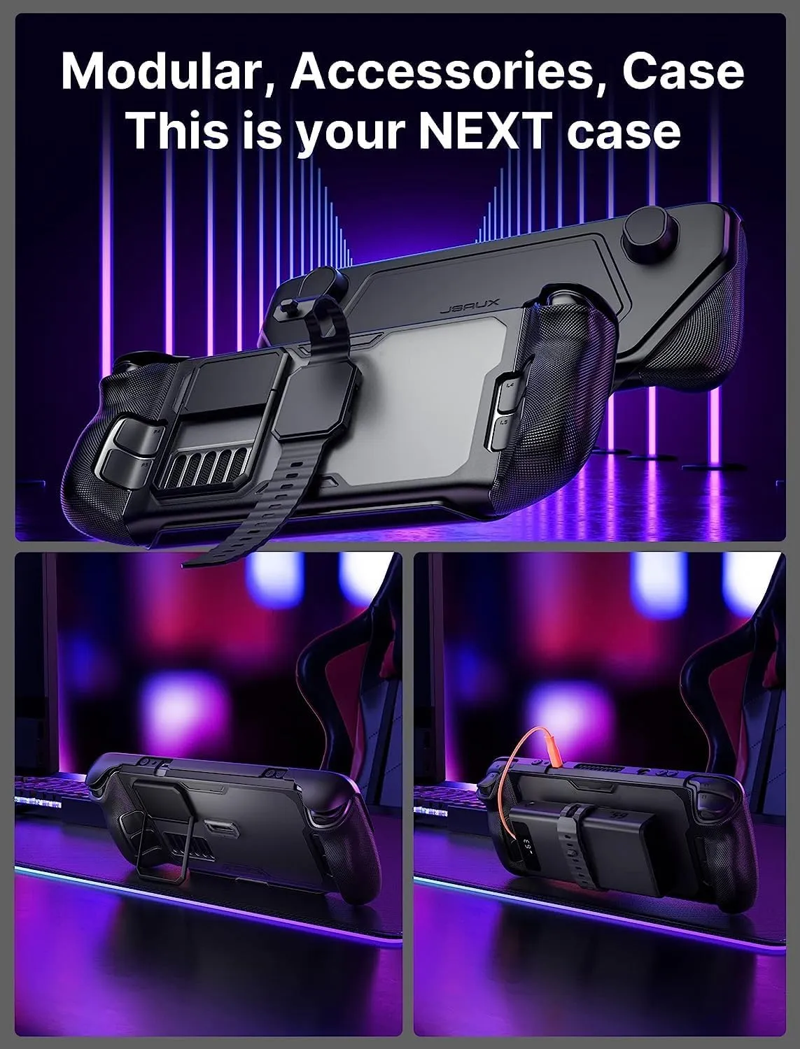 JSAUX ModCase Compatible with Steam Deck/Steam Deck OLED, PC0104 Modular Valve Steam Deck Case Include Protective Case, Face Cover, Cooling Fan, Metal Bracket and Strap - Cooler Set