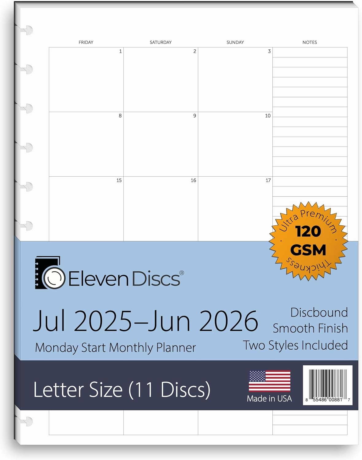 July 2025–June 2026 Academic Year Monthly Planner, Monday Start, Letter Size, Two Styles (Separated, Booklet), Premium Heavyweight Discbound Notebook Paper for Circa, Arc, TUL (38 Sheets)