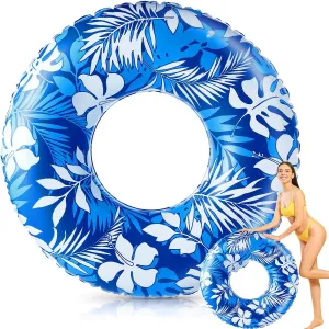 Jumbo Float Tube 47.24 Inches Inflatable Pool Floats Large Pool Tube Tropical Leaves Inflatable Tube Blue White Pool Rings Beach Swimming Ring for Adults Summer Supplies