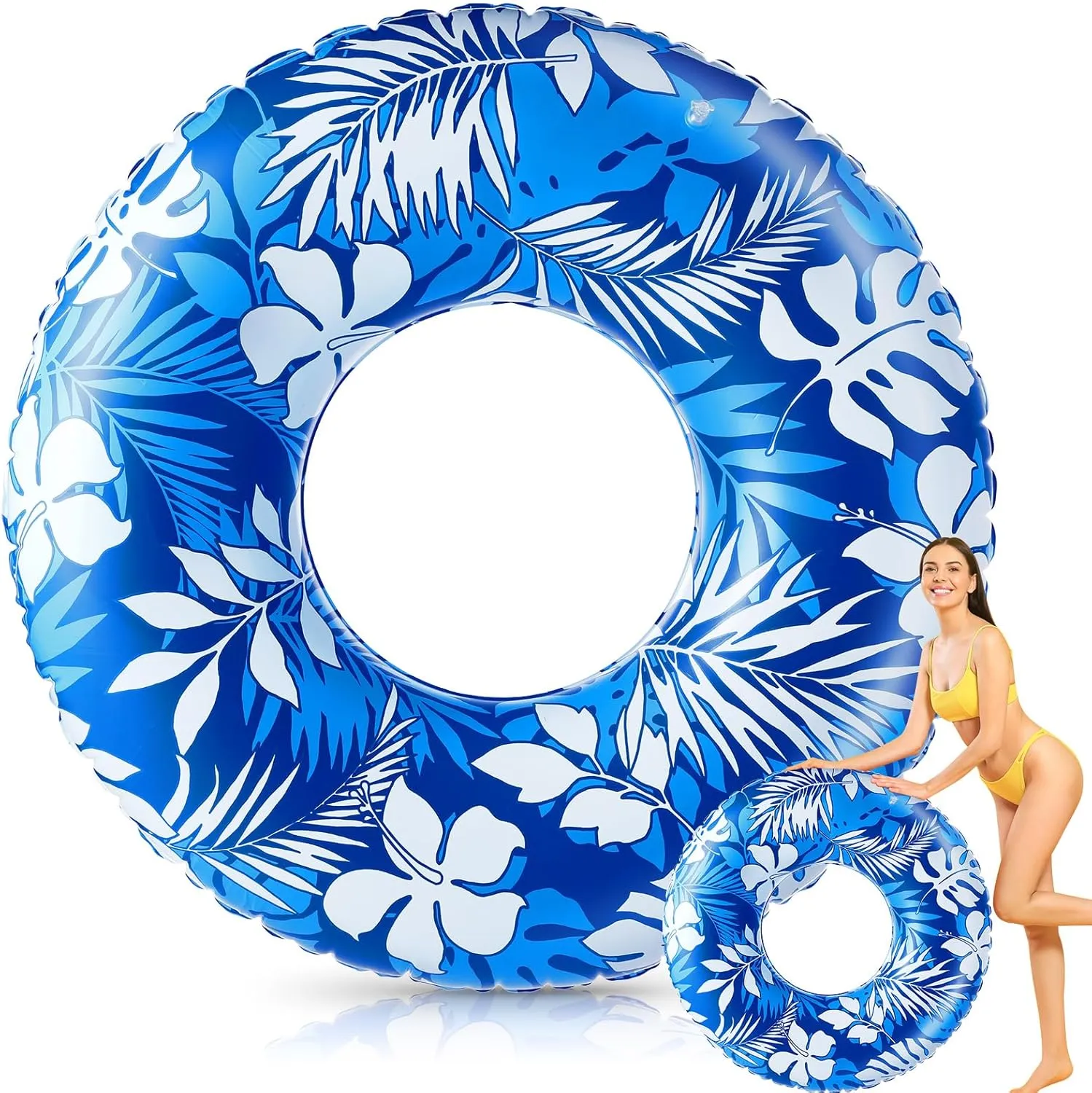 Jumbo Float Tube 47.24 Inches Inflatable Pool Floats Large Pool Tube Tropical Leaves Inflatable Tube Blue White Pool Rings Beach Swimming Ring for Adults Summer Supplies