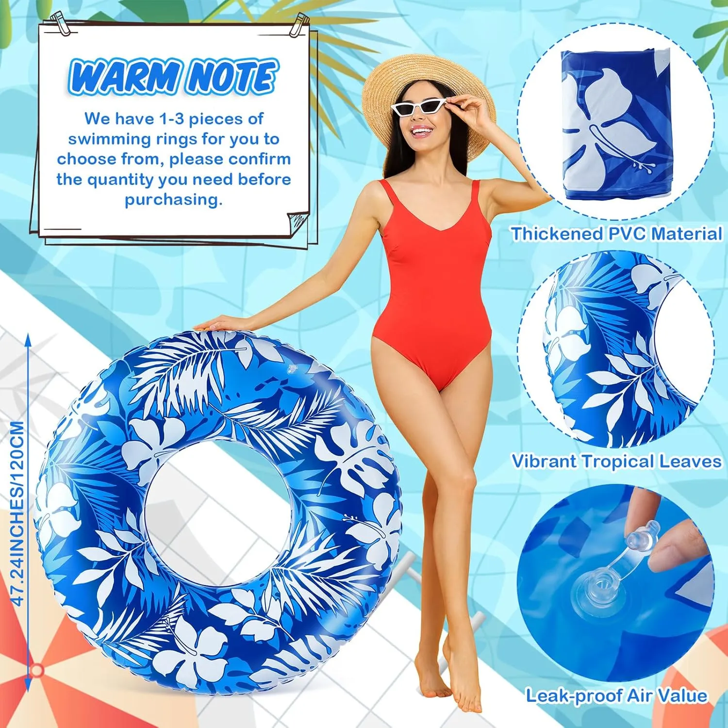 Jumbo Float Tube 47.24 Inches Inflatable Pool Floats Large Pool Tube Tropical Leaves Inflatable Tube Blue White Pool Rings Beach Swimming Ring for Adults Summer Supplies