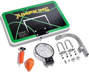 JumpKing Trampoline Basketball Hoop Set – 7.5" Dia. Breakaway Metal Ring with Goose Neck Pole & Inflatable Mini Basketball (Fits Most Trampoline Models)