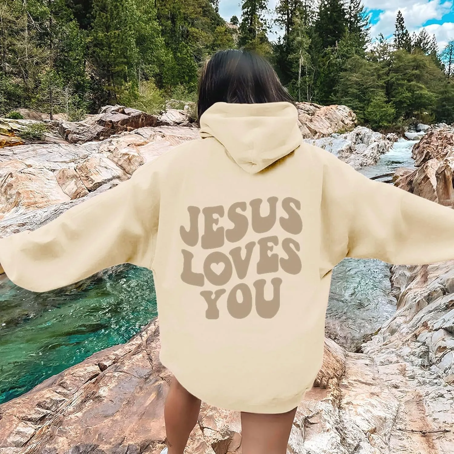 Juses Loves You Sweatshirt Spirit Letter Graphic Christian Faith Hoodies for Women with Hood Faith Over Fear Hoodie
