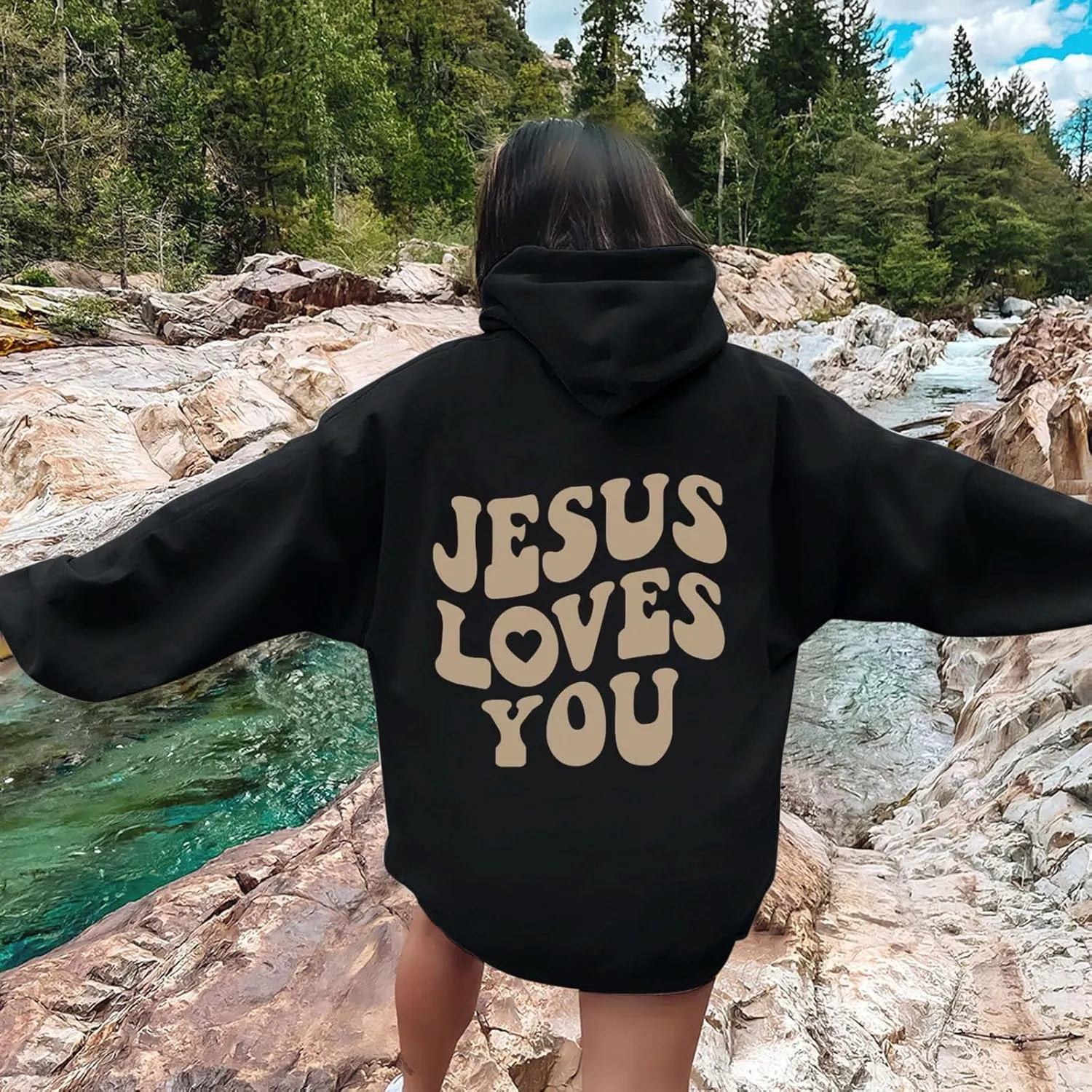 Juses Loves You Sweatshirt Spirit Letter Graphic Christian Faith Hoodies for Women with Hood Faith Over Fear Hoodie