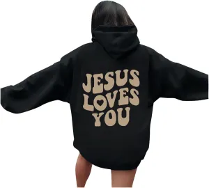 Juses Loves You Sweatshirt Spirit Letter Graphic Christian Faith Hoodies for Women with Hood Faith Over Fear Hoodie