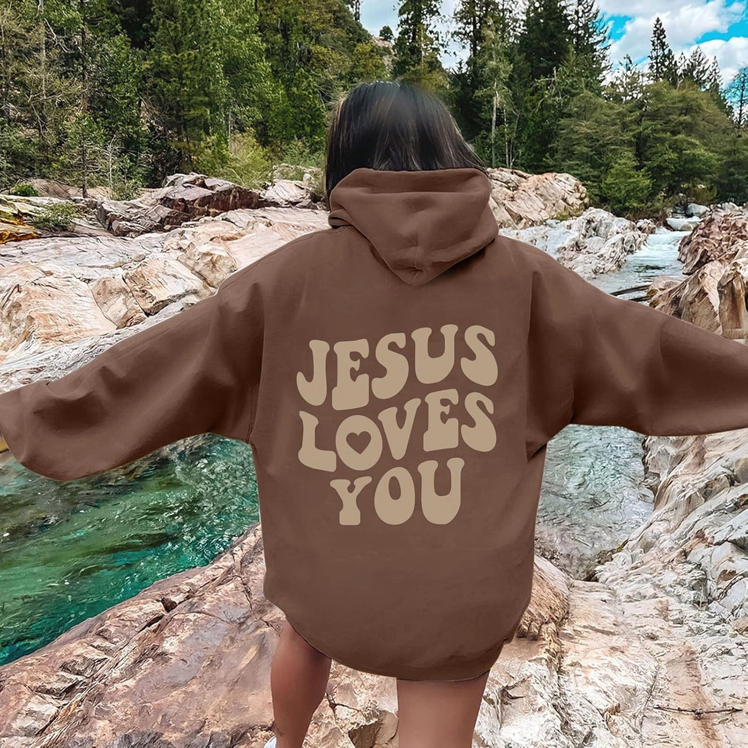 Juses Loves You Sweatshirt Spirit Letter Graphic Christian Faith Hoodies for Women with Hood Faith Over Fear Hoodie