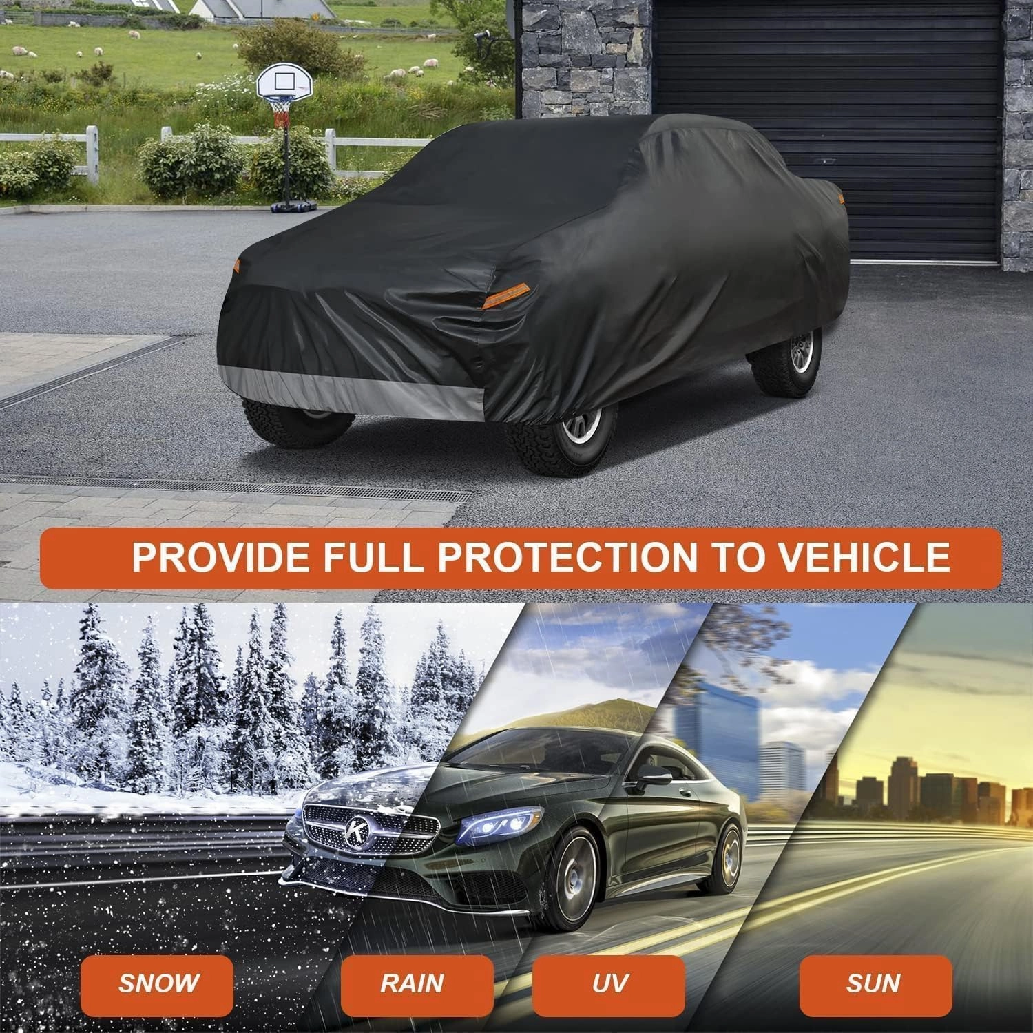 Kayme 7 Layers Truck Cover Waterproof All Weather, Heavy Duty Outdoor Pickup Cover Sun Rain Uv Protection, Universal Fit (Length Up to 220 inch) M .Black