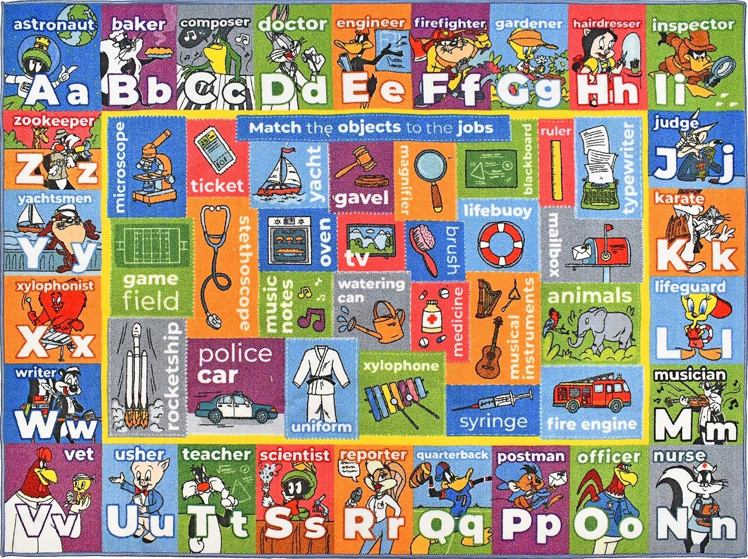KC Cubs | Looney Tunes Kids Educational Rug ABC Alphabet, Jobs & Objects Matching Learning & Fun Game Area Non Slip Rug Carpet for Kids and Children Bedroom, Playroom, Multicolor, 7' 10" x 9' 10"