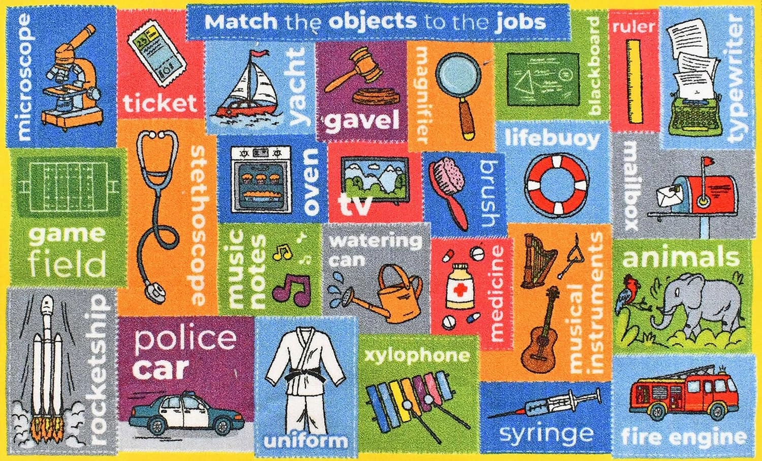 KC Cubs | Looney Tunes Kids Educational Rug ABC Alphabet, Jobs & Objects Matching Learning & Fun Game Area Non Slip Rug Carpet for Kids and Children Bedroom, Playroom, Multicolor, 7' 10" x 9' 10"