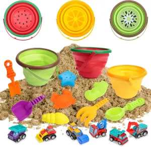 Kids Beach Sand Toys Set - Collapsible Silicone Foldable Beach Bucket - Summer Outdoor Camping and Fishing Tub with Sand Molds, Shovels, and Rakes - for Toddlers, Boys, Girls - 2.5L - 3PCS
