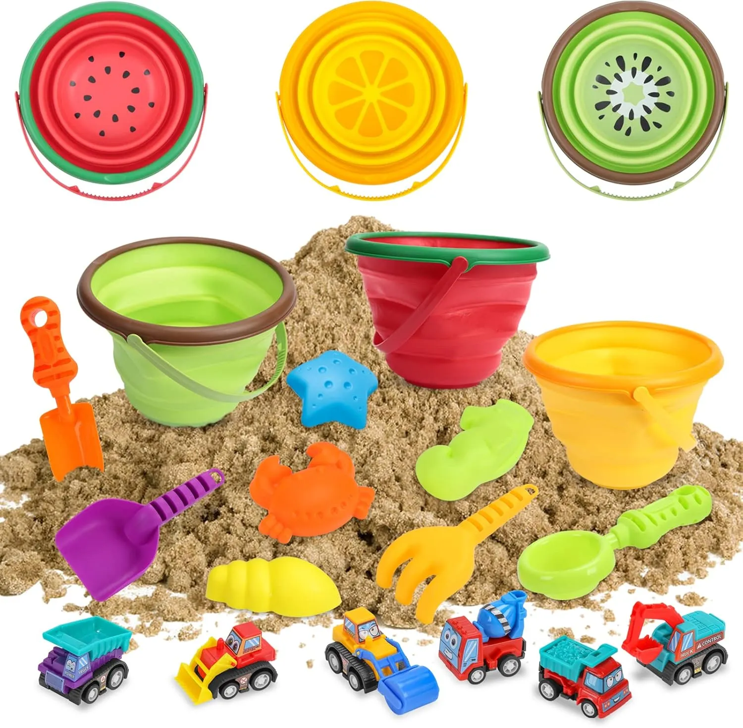 Kids Beach Sand Toys Set - Collapsible Silicone Foldable Beach Bucket - Summer Outdoor Camping and Fishing Tub with Sand Molds, Shovels, and Rakes - for Toddlers, Boys, Girls - 2.5L - 3PCS