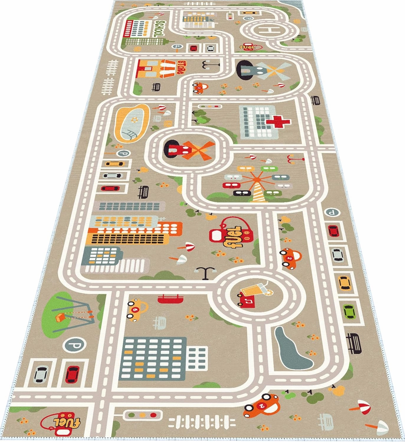 Kids Car Train Rug, 2' x 4' Boys Play Carpet, Floor Mat Playmat for Playroom Bedroom Kids Toddler Room，Non Slip Rug Backing (Grey, 2' x 4')